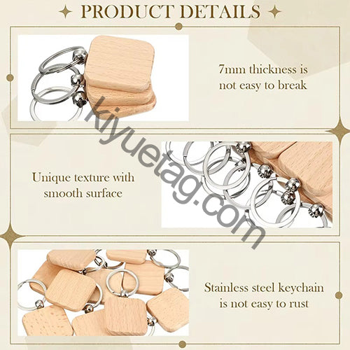 Wholesale 100/50Pcs Square Wood Keychain Blanks Keychain Key Ring Key Pendants