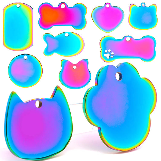 100Pcs Pet Dog Rainbow Stainless Steel ID Tag Personalized Anti-lost Nameplate Metal Key Ring Pendant Charms Gift Accessories