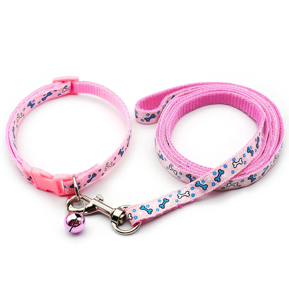 24pcs Cat Dog Collar Harness Cartoon Style Leash Adjustable Bone Print Pet Traction Cat Kitten Halter Collar  Walking Lead Belt