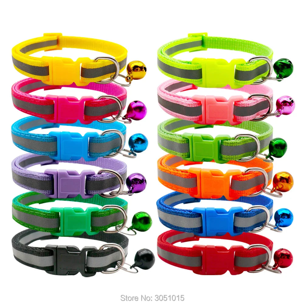 Wholesale 100Pcs Adjustable Small Pets Puppy Dog Dog Pet Glossy Reflective Cat Collar Safety Buckle Bell Strap Adjustable Strap