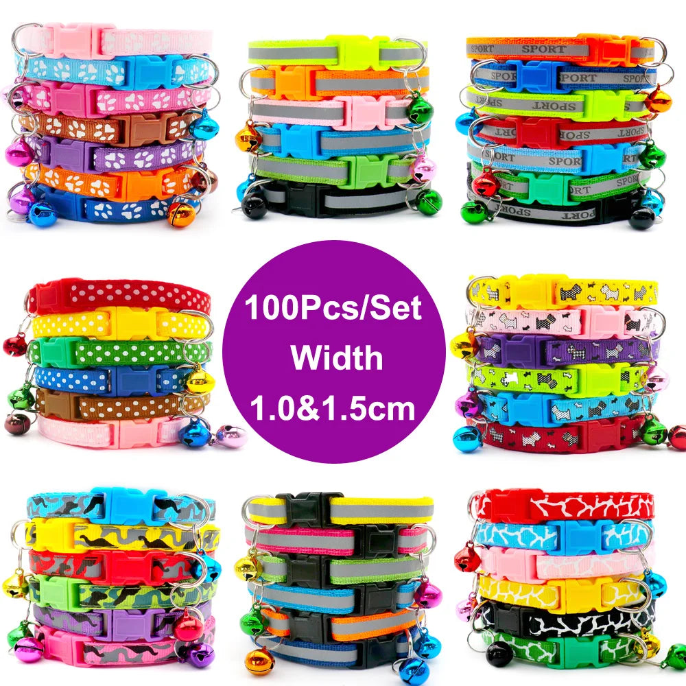 Wholesale 100Pcs Adjustable Small Pets Puppy Dog Dog Pet Glossy Reflective Cat Collar Safety Buckle Bell Strap Adjustable Strap