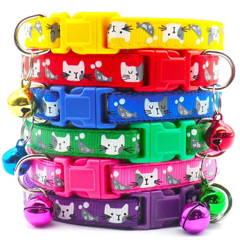 100pcs Cat Dog Collar with Bell Cartoon Print Cat Fish Neck Strap Kitten Puppy Pet Collar Adjustable Pet Supplies Basic Collars