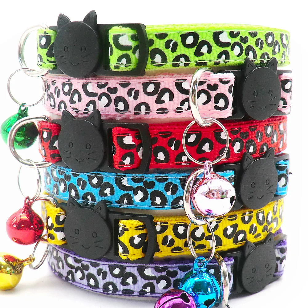 100Pcs Cat Dog Collar with Bell Cartoon Print Neck Strap Kitten Puppy Cat Pet Collar ID Adjustable Plastic Buckle Pet Supplies