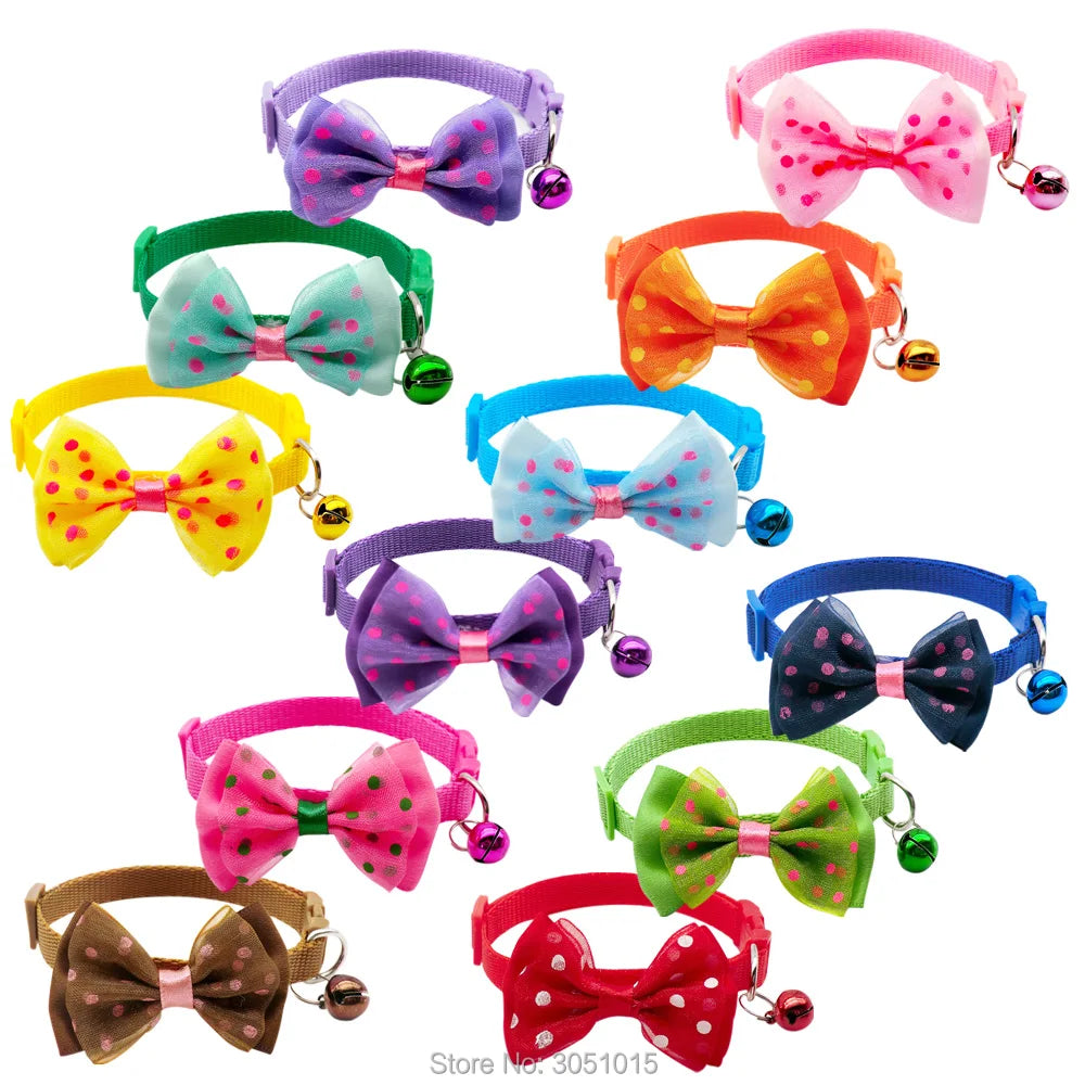 24pcs Easy Wear Cat Dog Pet Bow Collar with Bell Adjustable Cat Puppy Pet Supplies Accessories Small Dog Chihuahua Buckle tag