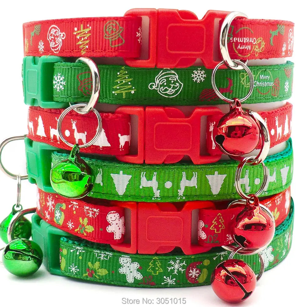 100PCS Dog Collar Christmas Pet Bow Tie New Year Santa Claus Cat With Bell Chihuahua Necklace Adjustable For Puppy Gifts