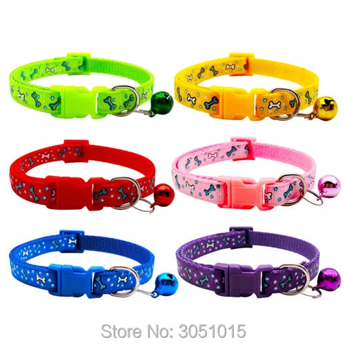 Wholesale 100 X Adjustable Cat Leash Collars with Bell Neck Strap Cat Pet Dog Collar Collars Cat Bone Print Basic Collar