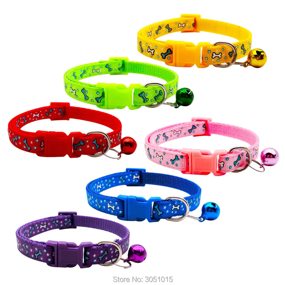 Wholesale 100 X Adjustable Cat Leash Collars with Bell Neck Strap Cat Pet Dog Collar Collars Cat Bone Print Basic Collar