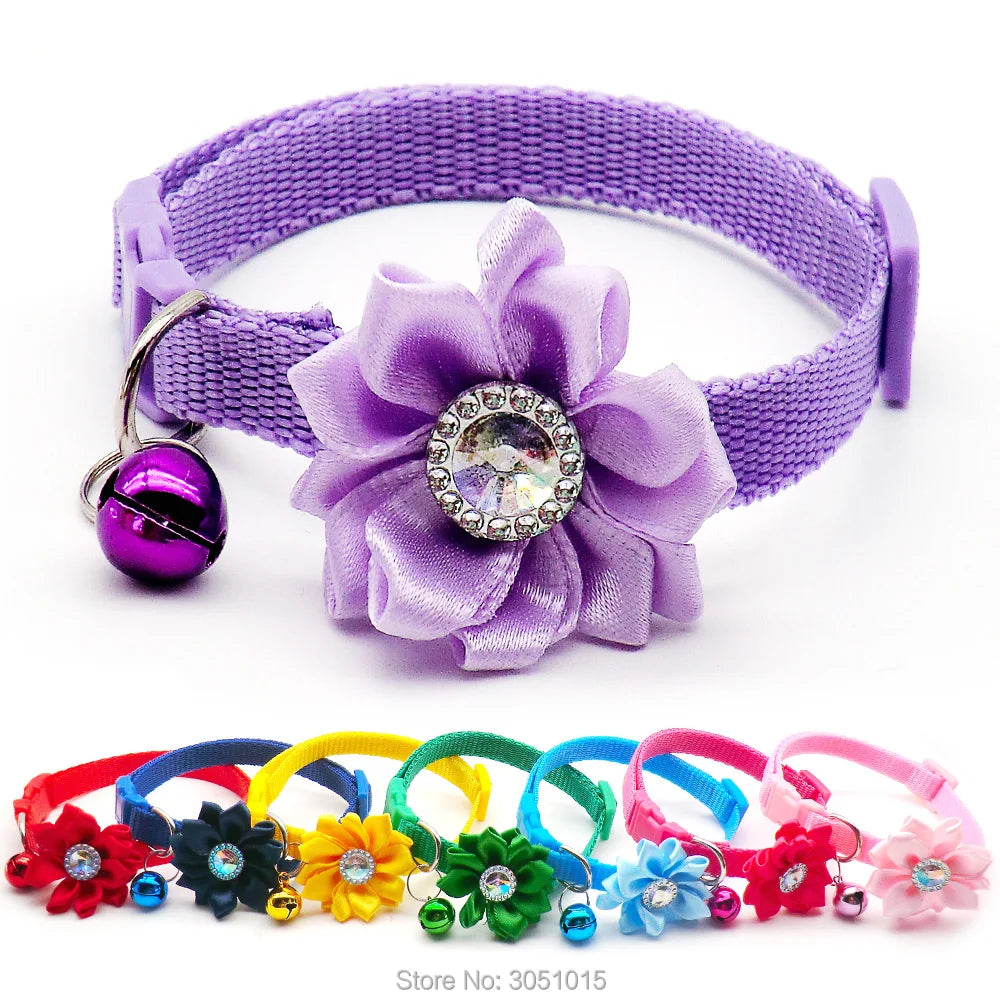 Wholesale 100Pcs Adjustable Flower Dog Collar Dog Puppy Harness Cat Pet Collar Release Buckle Cute For puppy Necklace with Bell