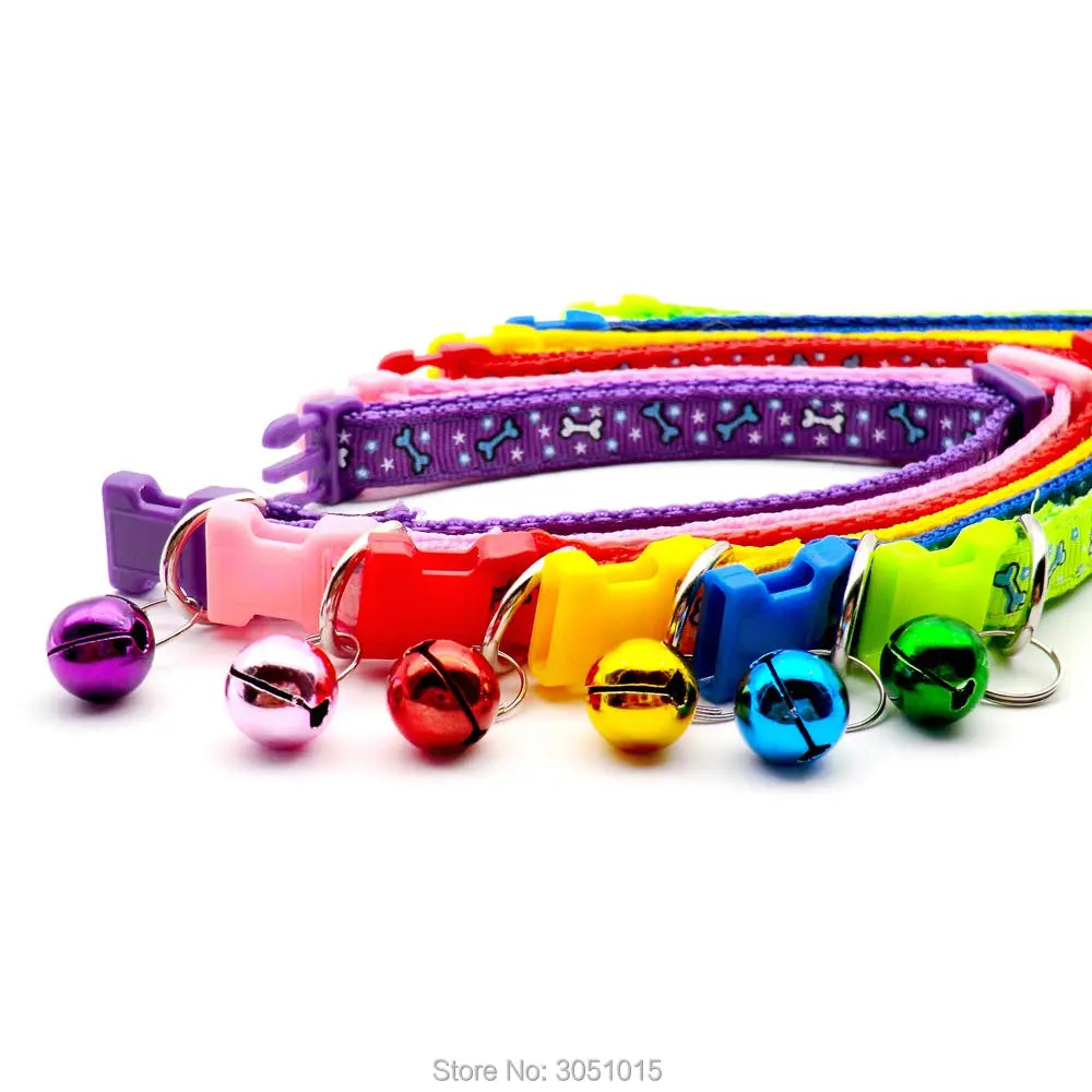 Wholesale 100 X Adjustable Cat Leash Collars with Bell Neck Strap Cat Pet Dog Collar Collars Cat Bone Print Basic Collar