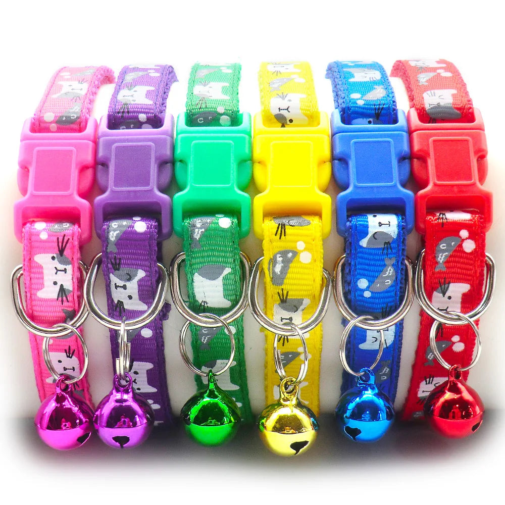 100pcs Cat Dog Collar with Bell Cartoon Print Cat Fish Neck Strap Kitten Puppy Pet Collar Adjustable Pet Supplies Basic Collars