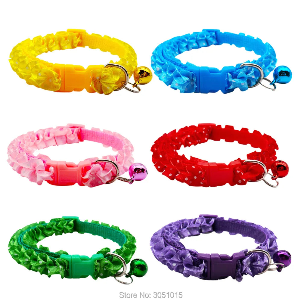 Wholesale 100Pcs Colorful Lovely Small Pet Collar Polyester Fabric With Bell Kitten Puppy Chain Dog Cat Collar Pets Accessories