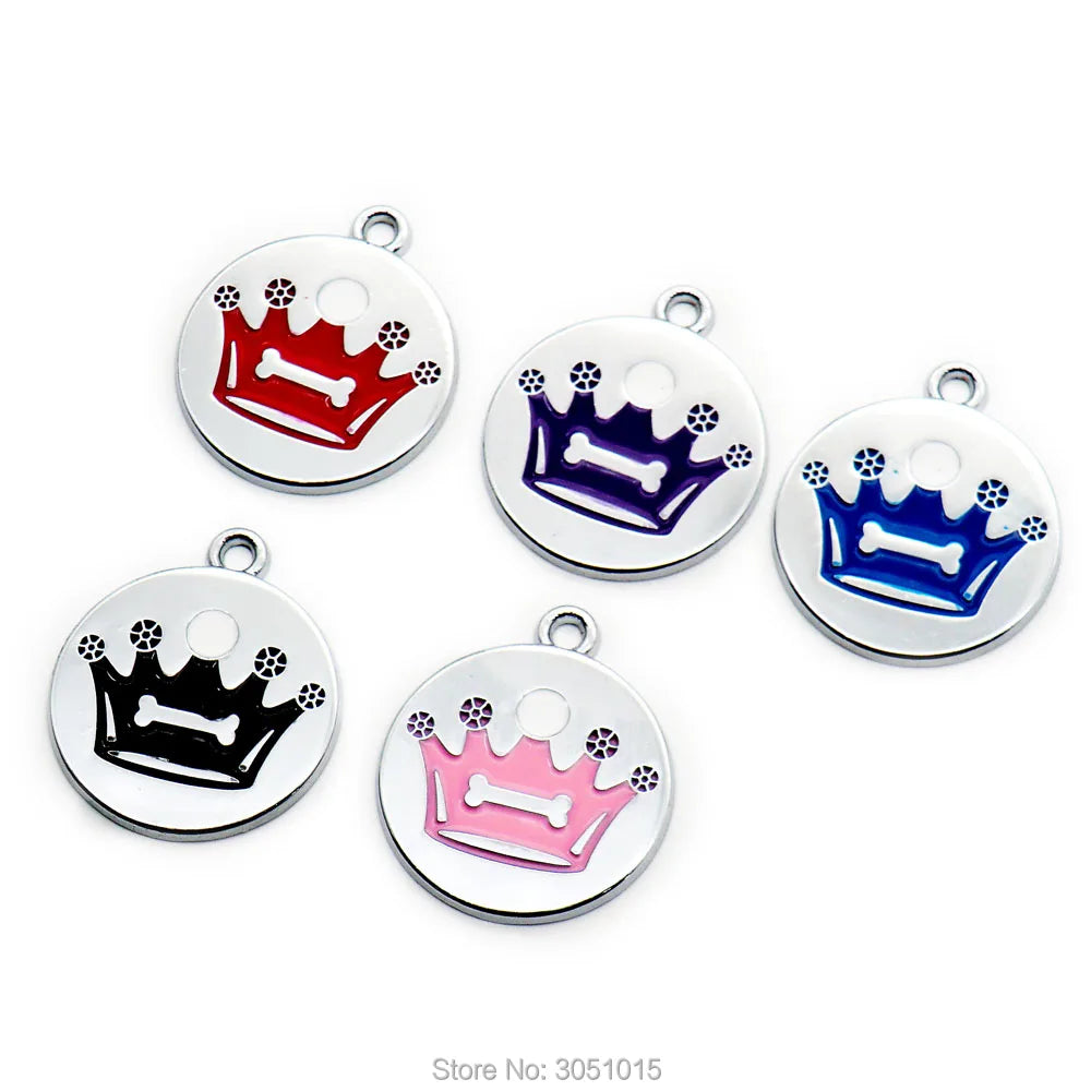 Wholesale 100pcs Crown Dog Tag Pet Dog Collar Accessories Personality Cat Puppy ID Tag Stainless Steel Paw Name Pendant Antilost