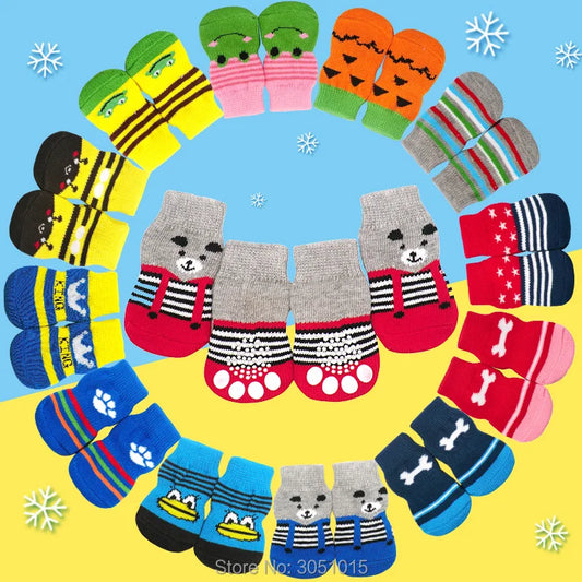 50 lots Hot Selling pet Knits dog Sock 4 PCS/set Small Pet Dog Doggy Shoes Lovely Soft Warm Knitted Socks Anti Slip Skid Bottom