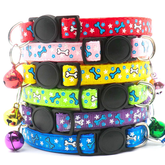 100 Pcs Cat Dog Collar With Bell Bone Print Neck Strap Polyester Adjustable Buckle Kitten Puppy Pet Leash Animal Accessories