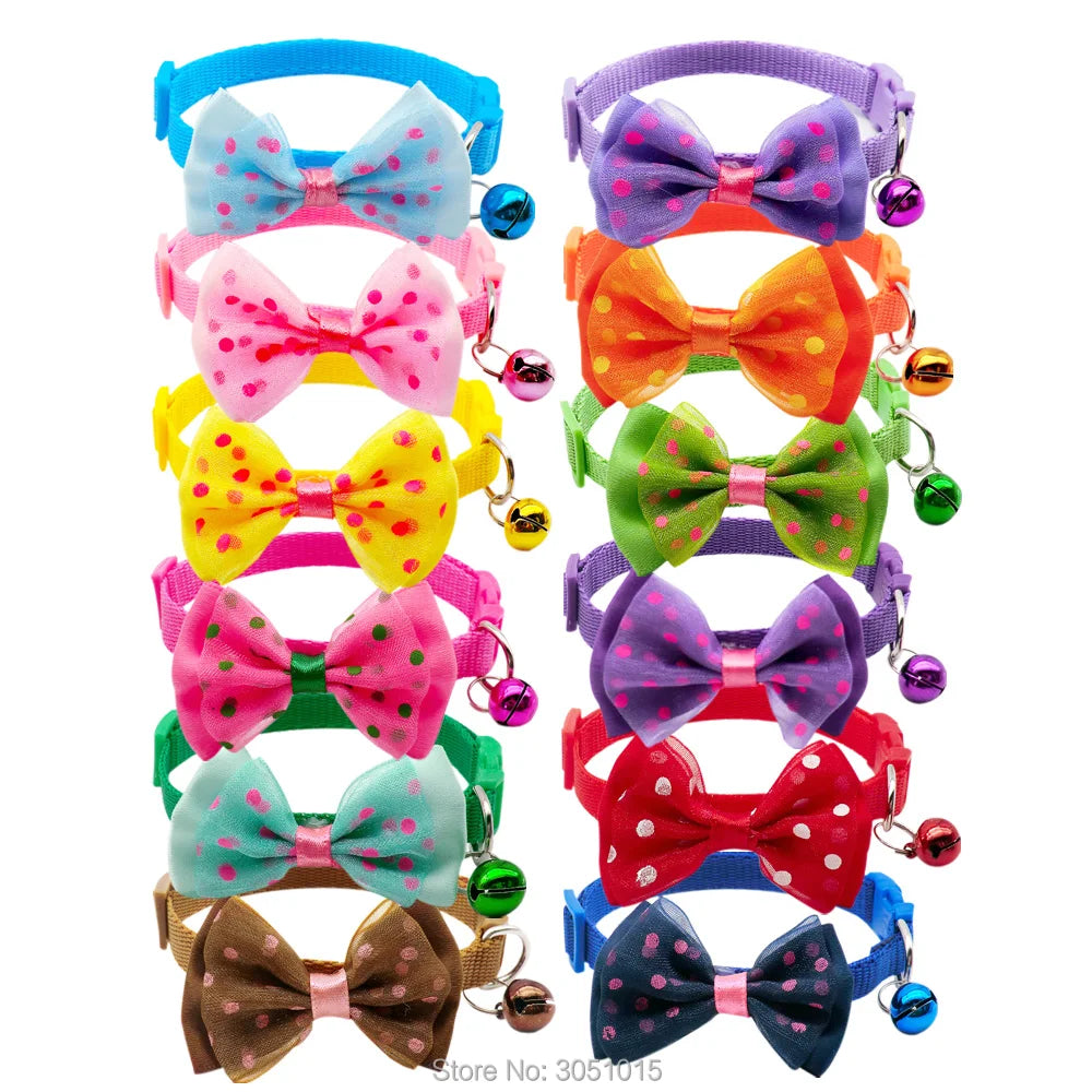 wholesale 100Pcs Adjustable Polyester Dog Collar Pet Cat Collar with Bowknot Bell Pendant Necklace Collar for Small Dog and Cat