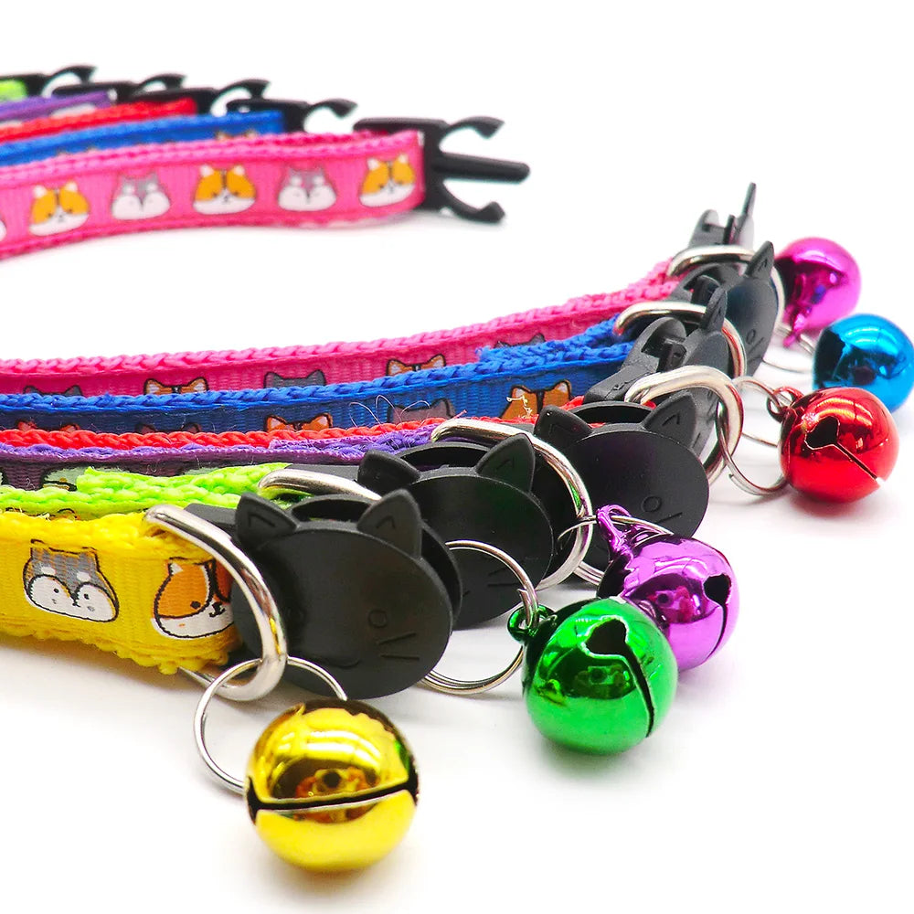 100Pcs Cat Dog Collar with Bell Cartoon Print Neck Strap Kitten Puppy Cat Pet Collar ID Adjustable Plastic Buckle Pet Supplies