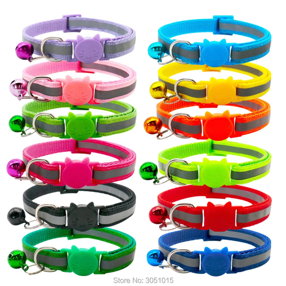 Wholesale 100Pcs Adjustable Reflective Dog Collars With Bell Buckle Easy Wear Puppy Dog Cat Collar Accessories Pet Supplies