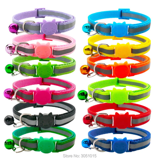 Wholesale 100Pcs Adjustable Reflective Dog Collars With Bell Buckle Easy Wear Puppy Dog Cat Collar Accessories Pet Supplies