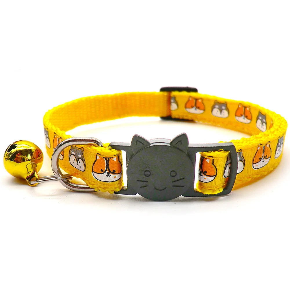 100Pcs Cat Dog Collar with Bell Cartoon Print Neck Strap Kitten Puppy Cat Pet Collar ID Adjustable Plastic Buckle Pet Supplies