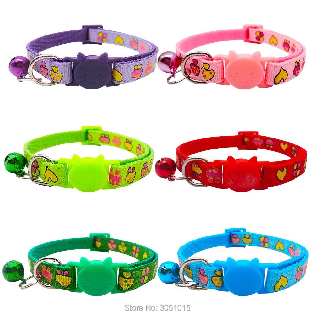 100pcs Cat Face Pet Supplies Mushroom print Cat Collar With Bell Adjustable Buckle Collar Colorful Festives Gifts Cat Accessorie