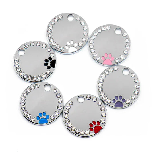 Wholesale 100Pcs Rhinestone Cute Circle Paw Engraved ID Dog Tag  Alloy Pet Shop For Animal Plate Personalized