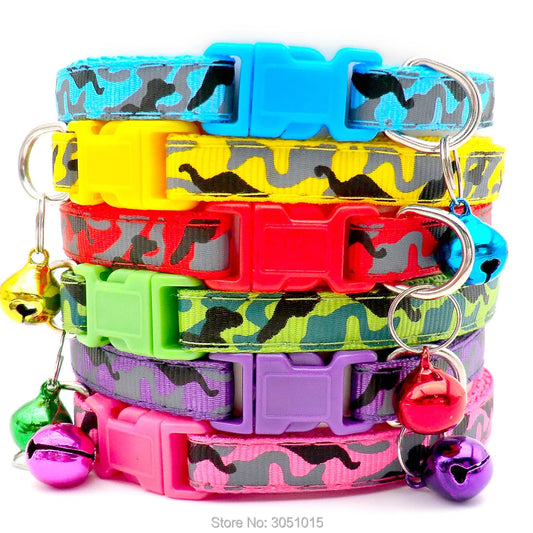 Wholesale 100Pcs Cat Collar with Bell Fashion Camouflage Print Small Dog Puppy Kitten ID Collars Adjustable Cat Supplies