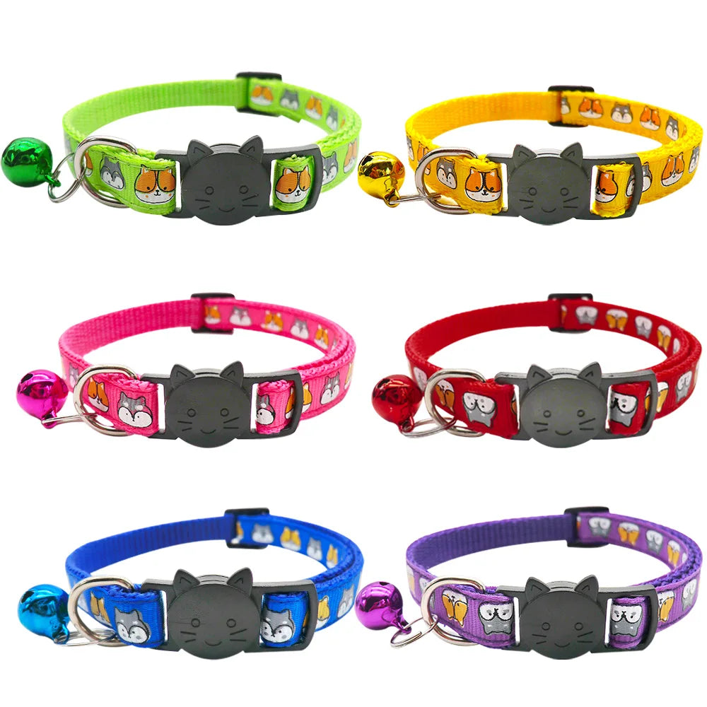 100Pcs Cat Dog Collar with Bell Cartoon Print Neck Strap Kitten Puppy Cat Pet Collar ID Adjustable Plastic Buckle Pet Supplies