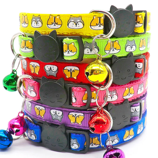 100Pcs Cat Dog Collar with Bell Cartoon Print Neck Strap Kitten Puppy Cat Pet Collar ID Adjustable Plastic Buckle Pet Supplies