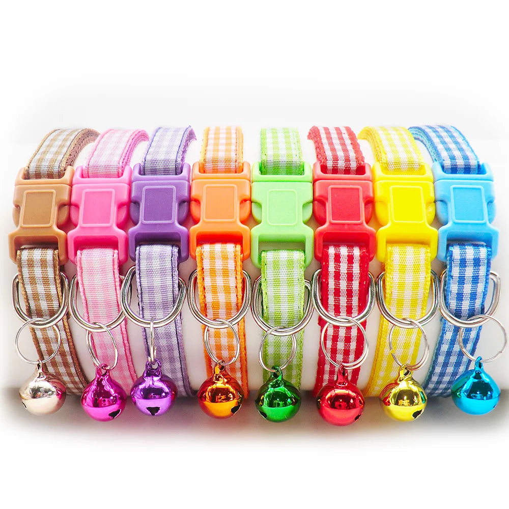 100PCS Dog collar Pet Adjustable Fashion Checkered Bell Collar For Cats And Small Dog Collars Teddy Pomeranian Outdoor Product