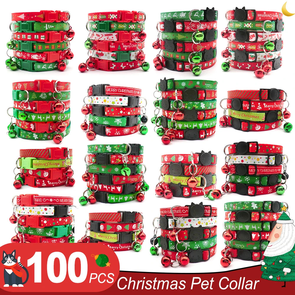 100Pcs Pet Christmas Collars Cats Dogs Knitted Animal Accessories Holiday Bow Tie Adjustable Neck Strap Grooming Festival Happy