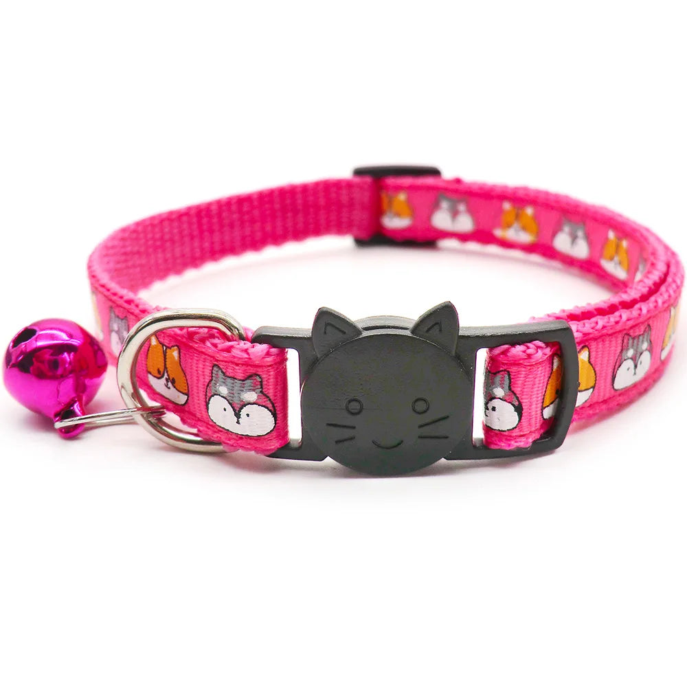 100Pcs Cat Dog Collar with Bell Cartoon Print Neck Strap Kitten Puppy Cat Pet Collar ID Adjustable Plastic Buckle Pet Supplies