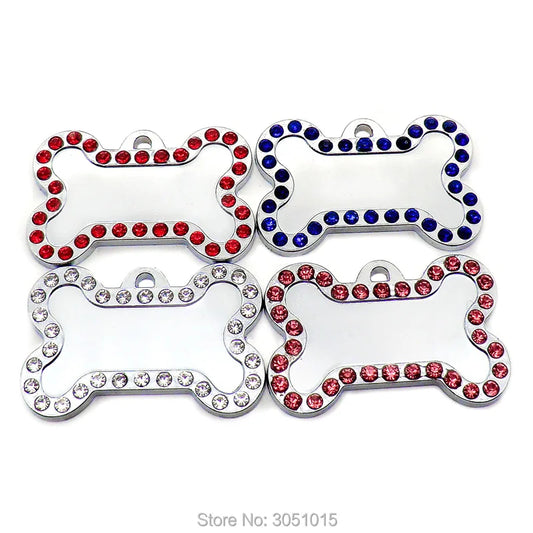 Wholesale 100Pcs bone Rhinestone Cute ID Dog Tag Alloy DIY Dog id Tags Pet Shop Engraved Tags Bling Rhinestone Cat ID