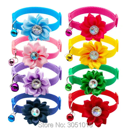 Wholesale 100Pcs Adjustable Flower Dog Collar Dog Puppy Harness Cat Pet Collar Release Buckle Cute For puppy Necklace with Bell