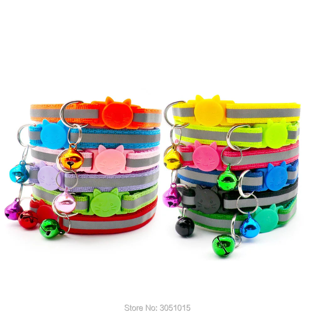 Wholesale 100Pcs Adjustable Reflective Dog Collars With Bell Buckle Easy Wear Puppy Dog Cat Collar Accessories Pet Supplies