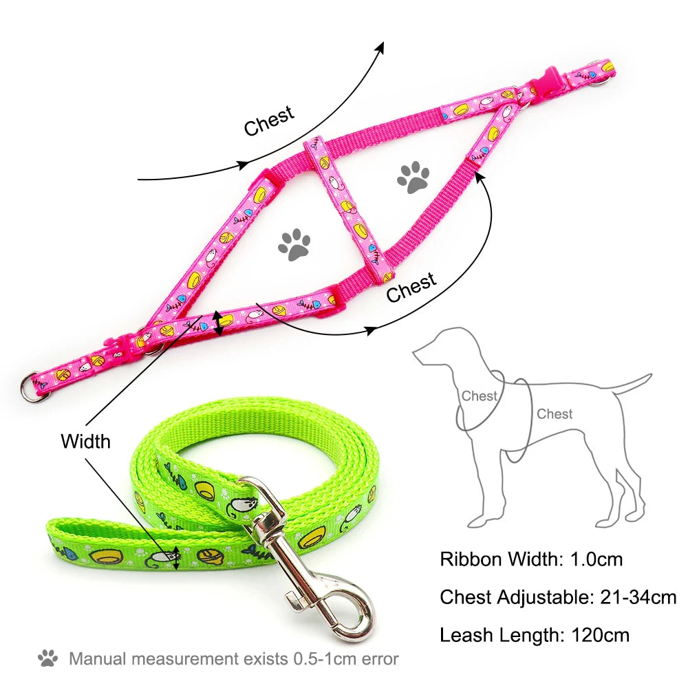 24Sets Pet Collars For Dogs Harness With Leash Mouse Cartoon Cat Collars Neck Leads Puppy Vest Rabbit Accessories Outdoor Walk