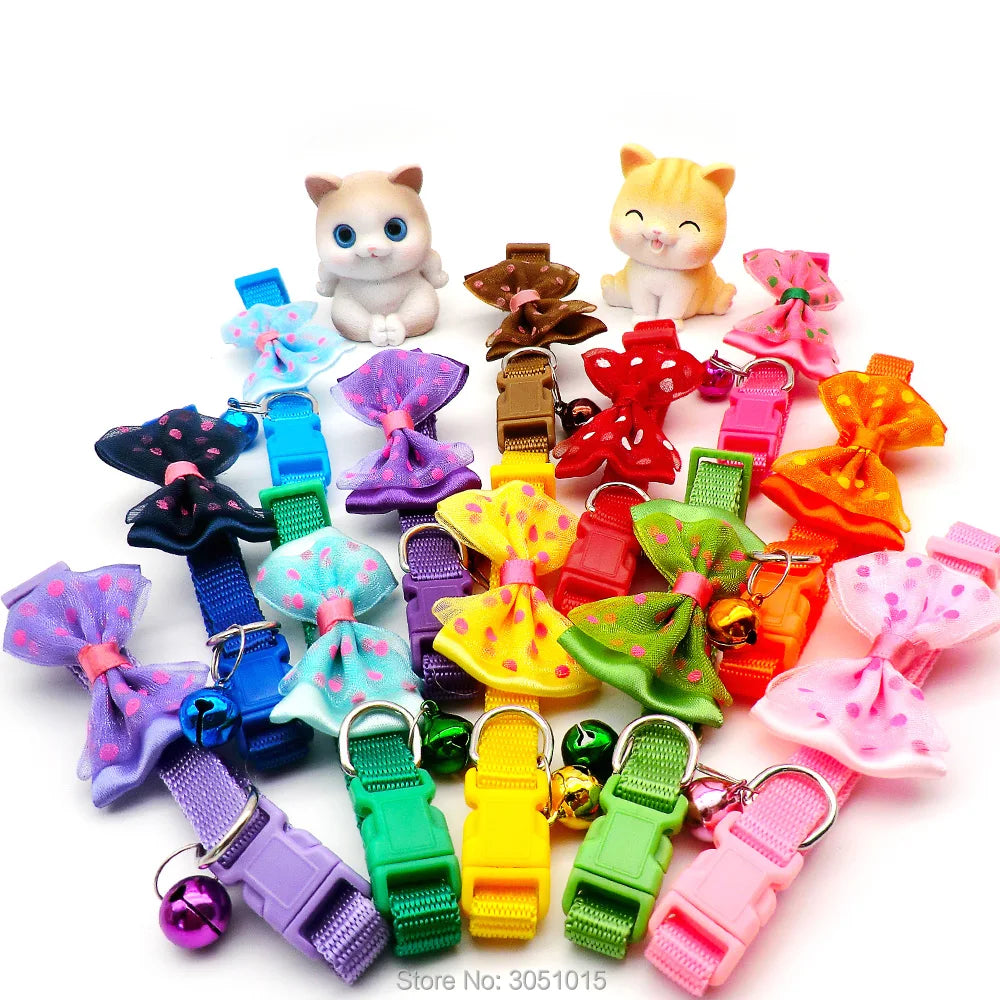 wholesale 100Pcs Adjustable Polyester Dog Collar Pet Cat Collar with Bowknot Bell Pendant Necklace Collar for Small Dog and Cat