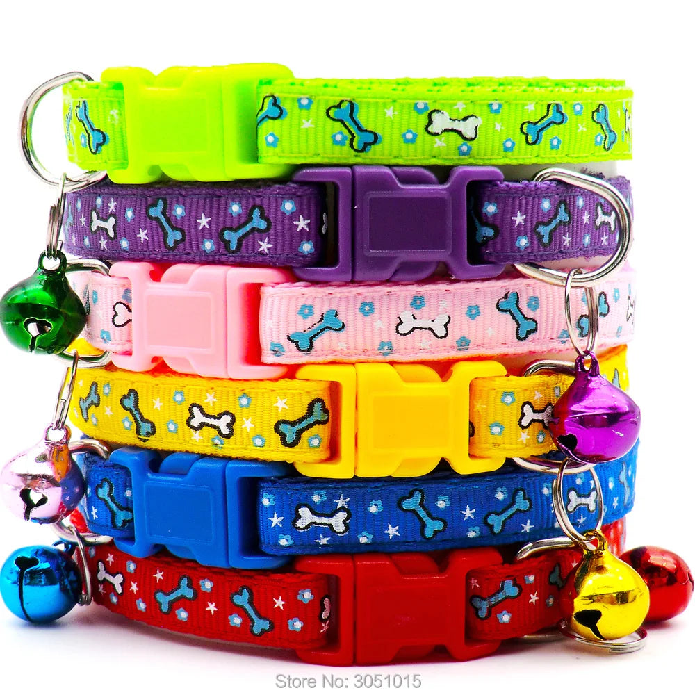 Wholesale 100 X Adjustable Cat Leash Collars with Bell Neck Strap Cat Pet Dog Collar Collars Cat Bone Print Basic Collar