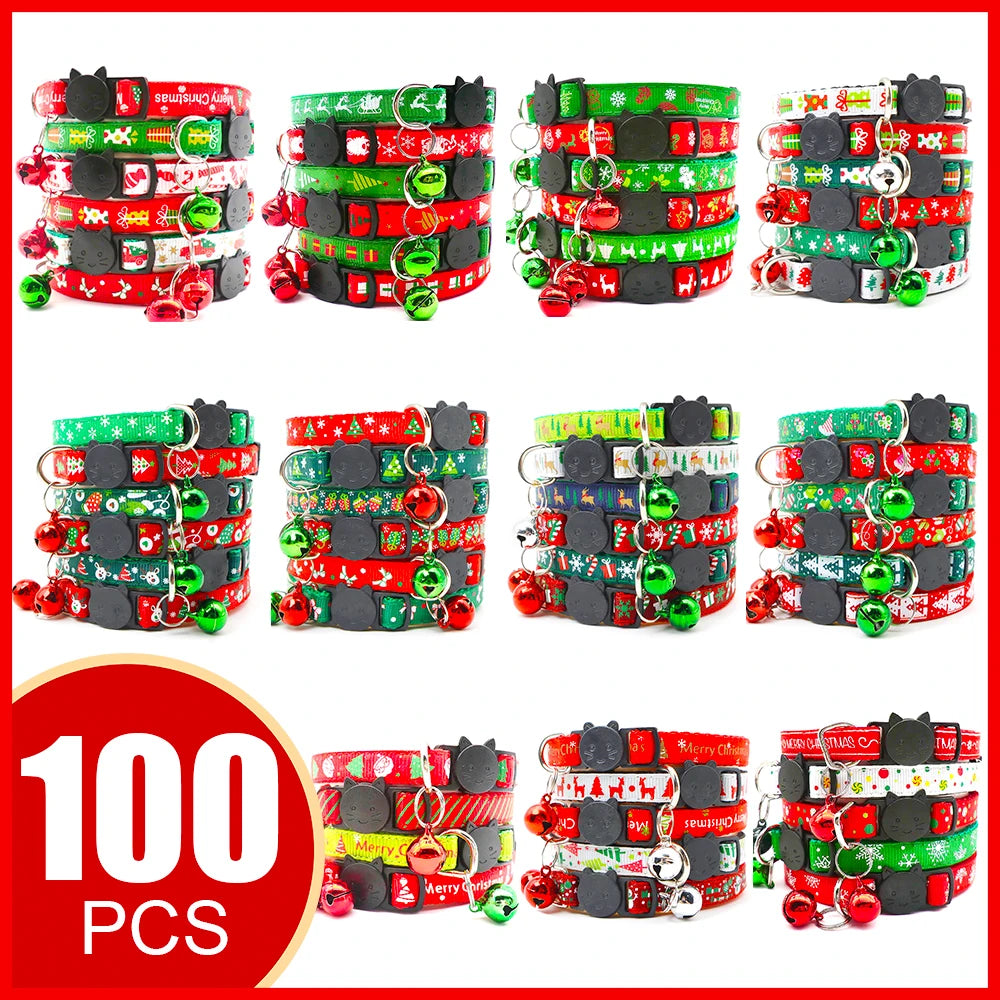 100PCS Christmas Pets Collar With Bell Adjustable Quick Disengagement Personalized Dog Collar Small Dog Puppy Dog Accessories