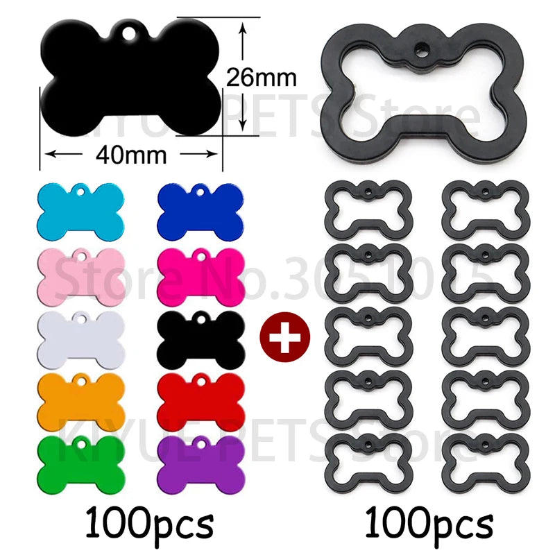 100Pcs Personalize Rubber Silencer Bone Aluminium Pendant Charms Pet Customization Engravable Blank Tags Anti-lost Nameplate