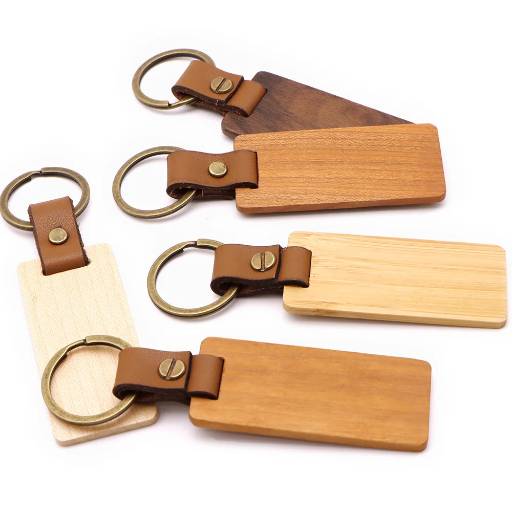 50pcs Wooden Keychain Rectangular Collectible Key Ring Car Bag Hanging Pendant Painting Crafts Cute Keychain for Women Men