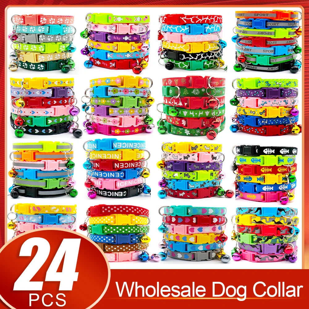 Wholesale 24 PCS Adjustable Cloth Material Pet Dog Chain With Cat Face Button Neckband With Bell Fashion Halter Collar