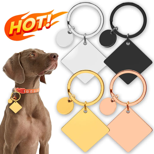 50Sets Customization Pet ID Tag Accessory Mirror Square With Circles Stainless Steel Keyring Pendant Engravable Pet Supplies