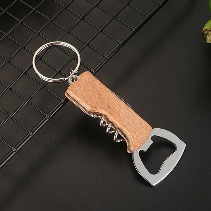 10Pcs Keychain Beer Bottle Opener Stainless Steel Multifunctional Wooden Handle Corkscrew Wine Opener Bar Party Accessories