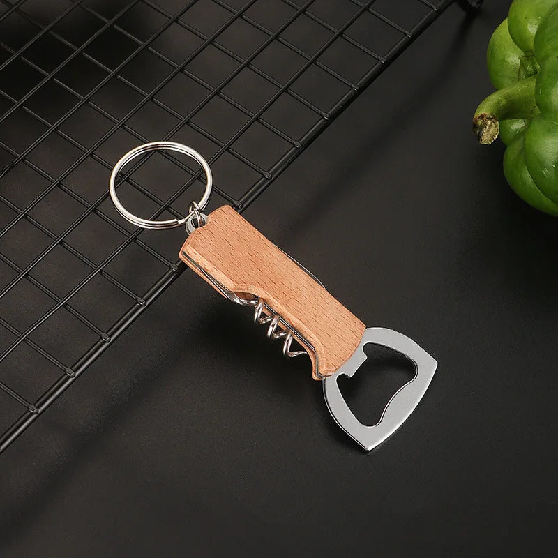 10Pcs Keychain Beer Bottle Opener Stainless Steel Multifunctional Wooden Handle Corkscrew Wine Opener Bar Party Accessories