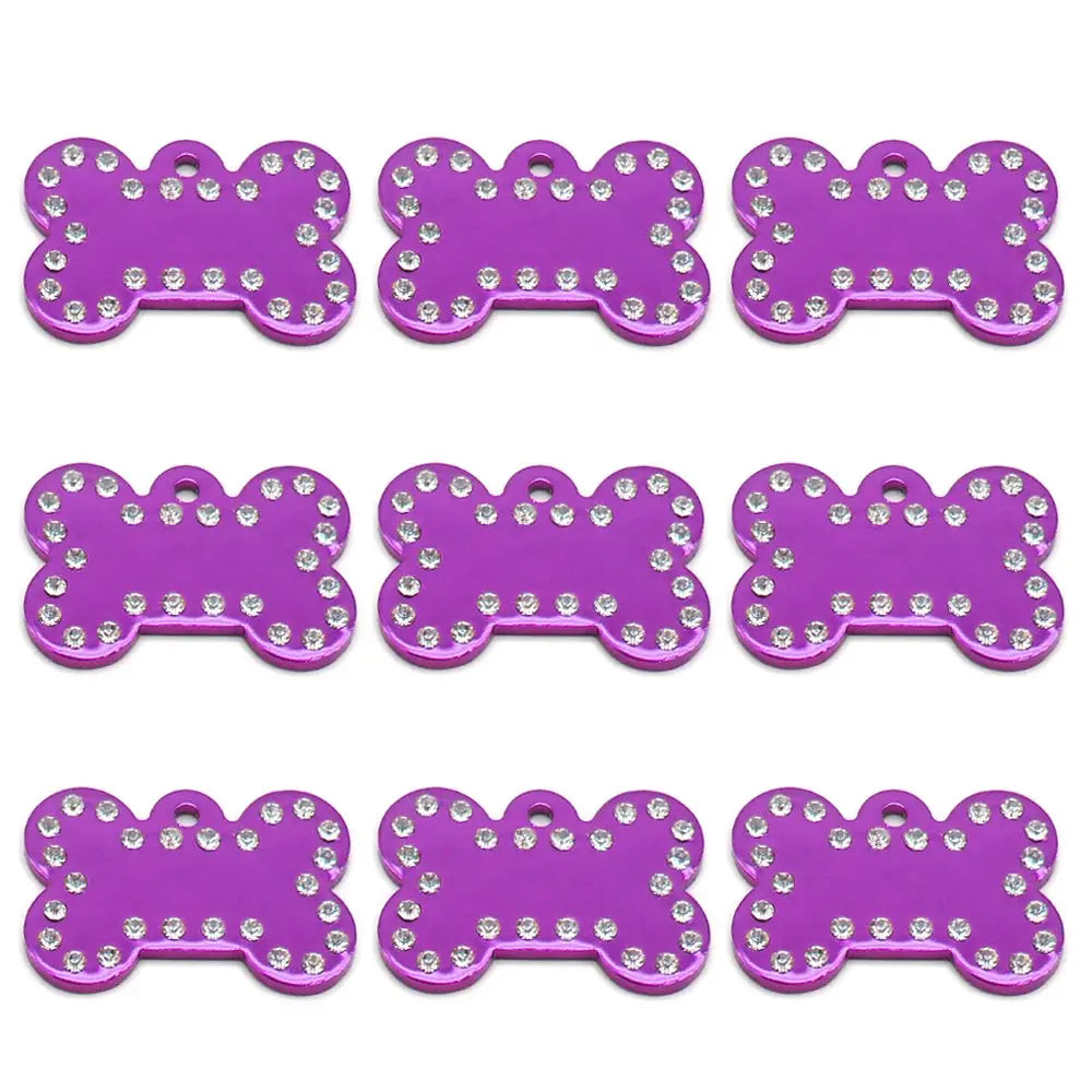 Wholesale 100Pcs Rhinestone Bone Plate Tag Personalized Dog ID Tag Custom Name Dog Collar Pet Accessories Pet Gift Dog Bone Tag