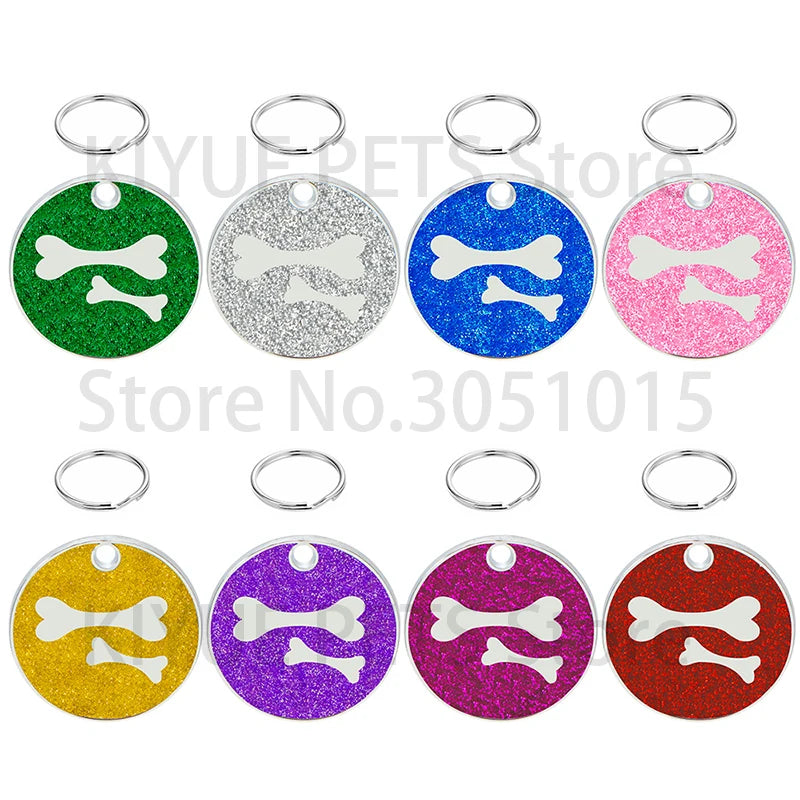 Wholesale 20Pcs Dog Cat Tag Engraved Round Puppy Kitten Blank ID Name Custom Collar Tag Bone Pendant Accessories Paw Glitter