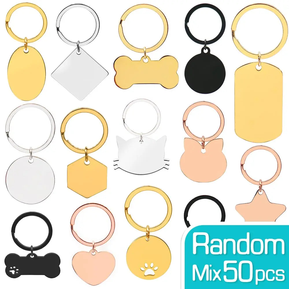 Personalized 50Pcs/Set Stainless Steel Blank Dog Tag Round Bone Pendant Keychain Custom Jewelry Making Keyring Accessories