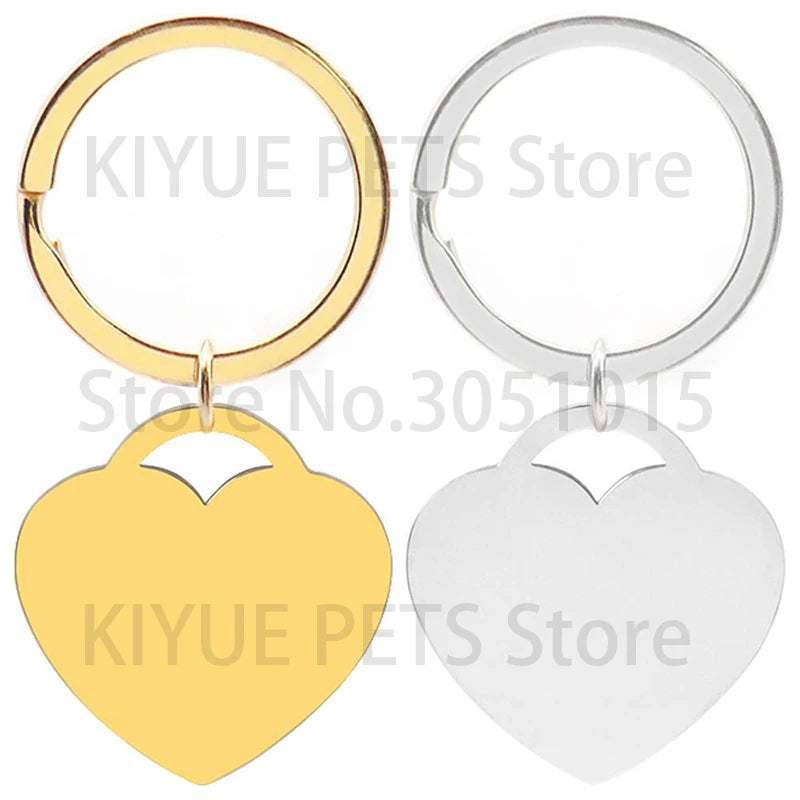 20pcs Stainless Steel Personalized Pet Blank ID Tag Heart Pendant Metal Keyring Nameplate Collar Accessories