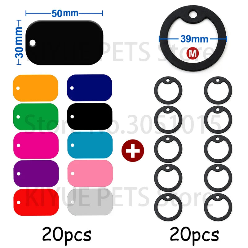 20pcs/set Black Rubber Round Tag Pet ID Nameplate With Silencer Circle Personalized Jewelry Pendant Collar Necklace Accessories