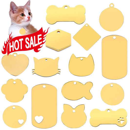 20PCS Personalized Pet Dog Tags Shiny Steel Blank Engraving Kitten Puppy Anti-lost Collars Gold Color Nameplate DIY Accessoires